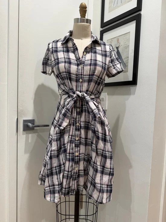 Plaid Button-Front Tie-Waist Shirt Dress - Navy & Cream - Picture 1 of 5